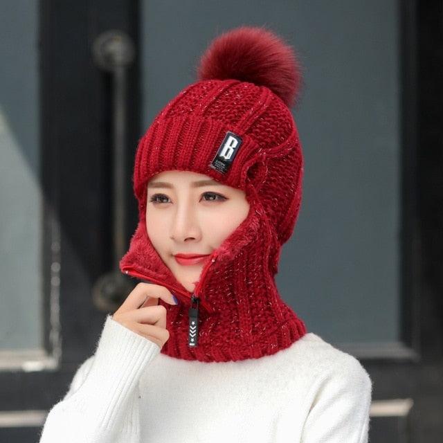 Coral Fleece Winter Women Knitted Hats Add Fur Warm Winter Hats For Women With Zipper Keep Face Warmer Balaclava Pompoms Cap Balaclava Gorgas Bonnet Knitted Hat Windproof Ski Mask Cold Weather Face Mask Motorcycle Balaclava Hood Warmer Winter Sports Cap