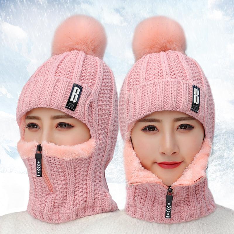 Coral Fleece Winter Women Knitted Hats Add Fur Warm Winter Hats For Women With Zipper Keep Face Warmer Balaclava Pompoms Cap Balaclava Gorgas Bonnet Knitted Hat Windproof Ski Mask Cold Weather Face Mask Motorcycle Balaclava Hood Warmer Winter Sports Cap