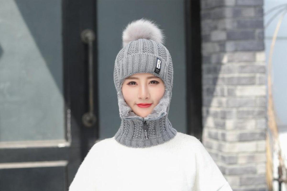 Coral Fleece Winter Women Knitted Hats Add Fur Warm Winter Hats For Women With Zipper Keep Face Warmer Balaclava Pompoms Cap Balaclava Gorgas Bonnet Knitted Hat Windproof Ski Mask Cold Weather Face Mask Motorcycle Balaclava Hood Warmer Winter Sports Cap