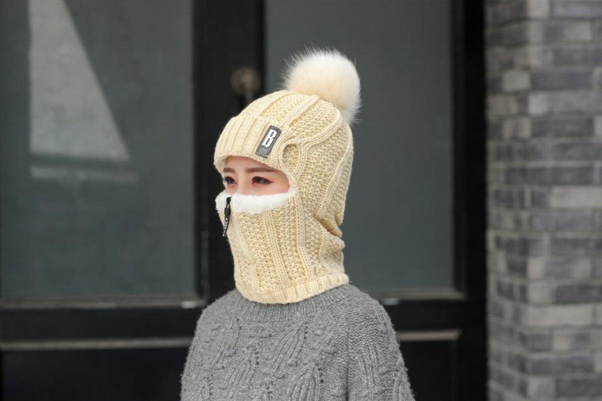 Coral Fleece Winter Women Knitted Hats Add Fur Warm Winter Hats For Women With Zipper Keep Face Warmer Balaclava Pompoms Cap Balaclava Gorgas Bonnet Knitted Hat Windproof Ski Mask Cold Weather Face Mask Motorcycle Balaclava Hood Warmer Winter Sports Cap
