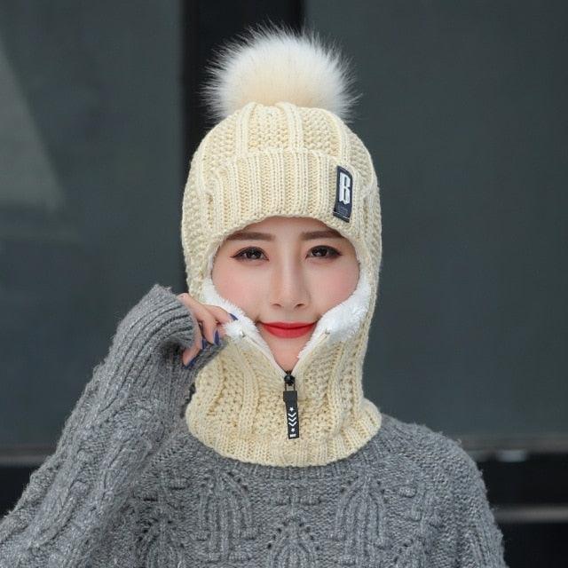 Coral Fleece Winter Women Knitted Hats Add Fur Warm Winter Hats For Women With Zipper Keep Face Warmer Balaclava Pompoms Cap Balaclava Gorgas Bonnet Knitted Hat Windproof Ski Mask Cold Weather Face Mask Motorcycle Balaclava Hood Warmer Winter Sports Cap