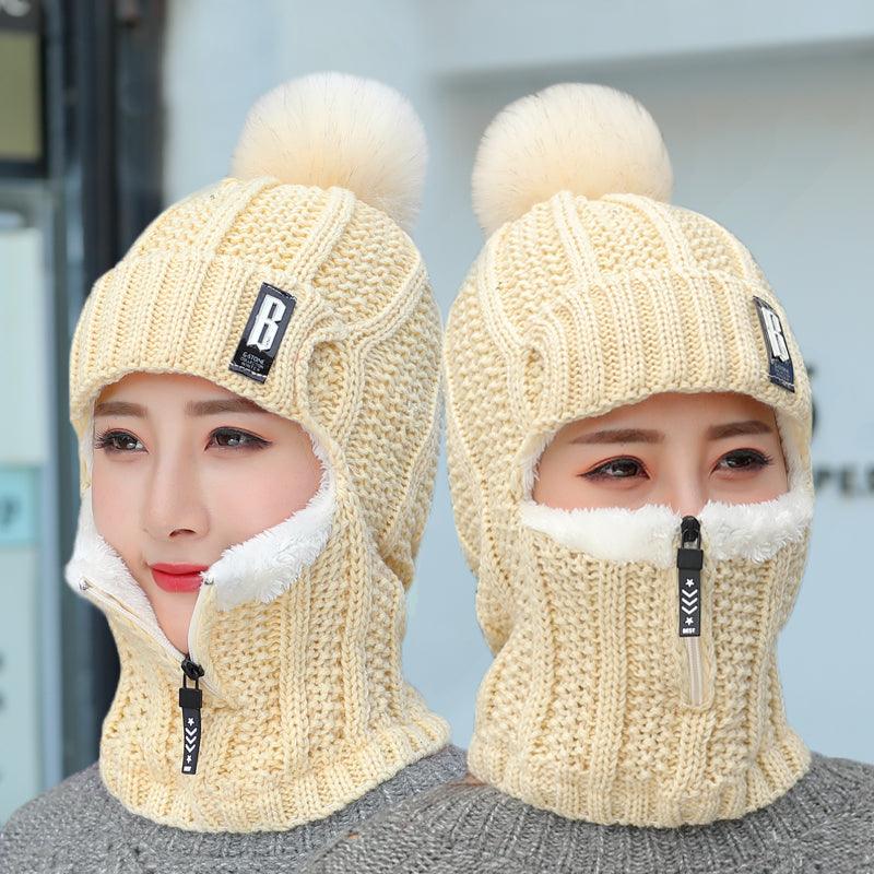Coral Fleece Winter Women Knitted Hats Add Fur Warm Winter Hats For Women With Zipper Keep Face Warmer Balaclava Pompoms Cap Balaclava Gorgas Bonnet Knitted Hat Windproof Ski Mask Cold Weather Face Mask Motorcycle Balaclava Hood Warmer Winter Sports Cap