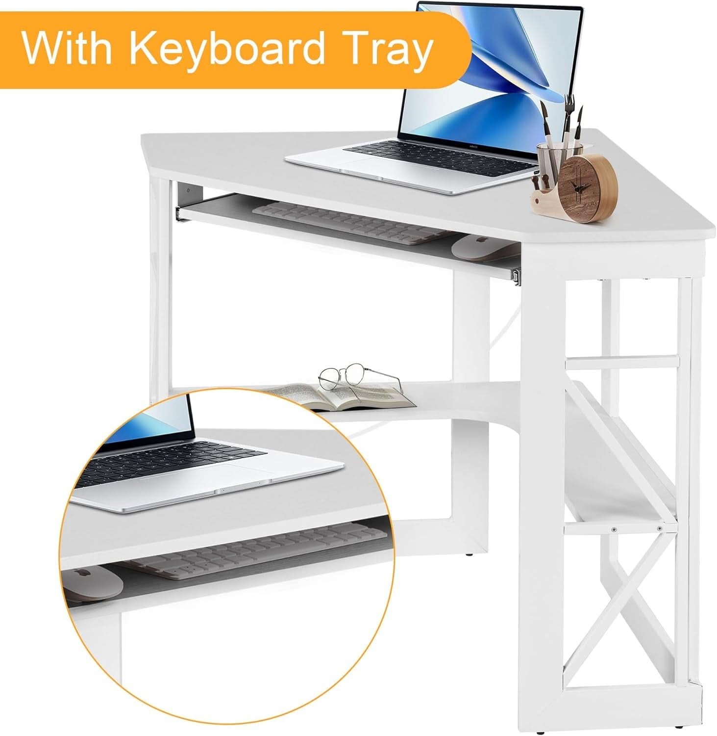 Corner Computer Desk with Keyboard Tray and Storage Shelves
