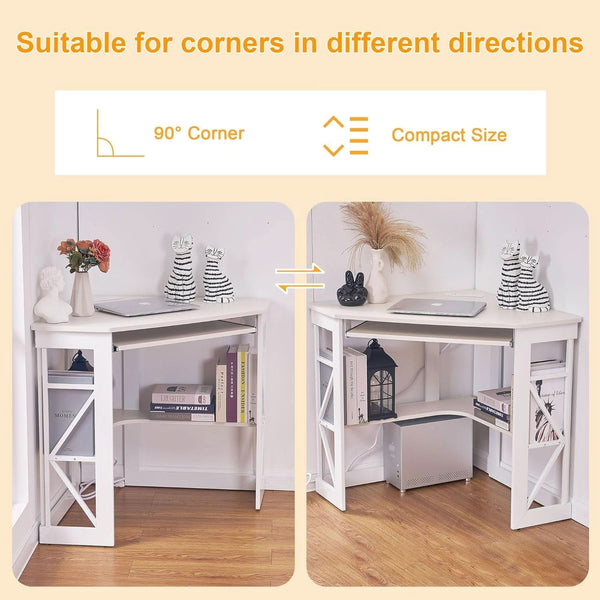 Corner Computer Desk with Keyboard Tray and Storage Shelves