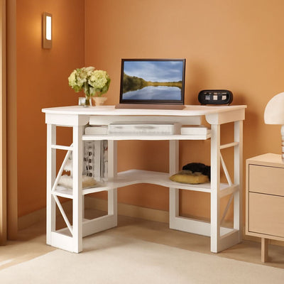 Corner Computer Desk with Keyboard Tray and Storage Shelves