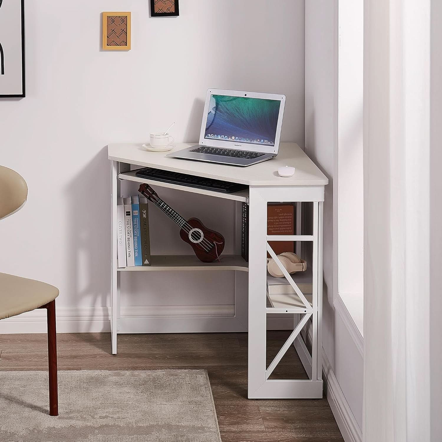 Corner Computer Desk with Keyboard Tray and Storage Shelves