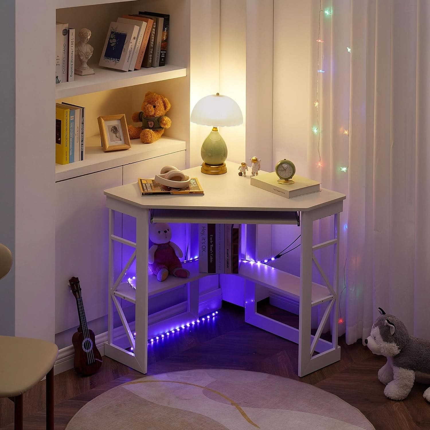 Corner Computer Desk with Keyboard Tray and Storage Shelves