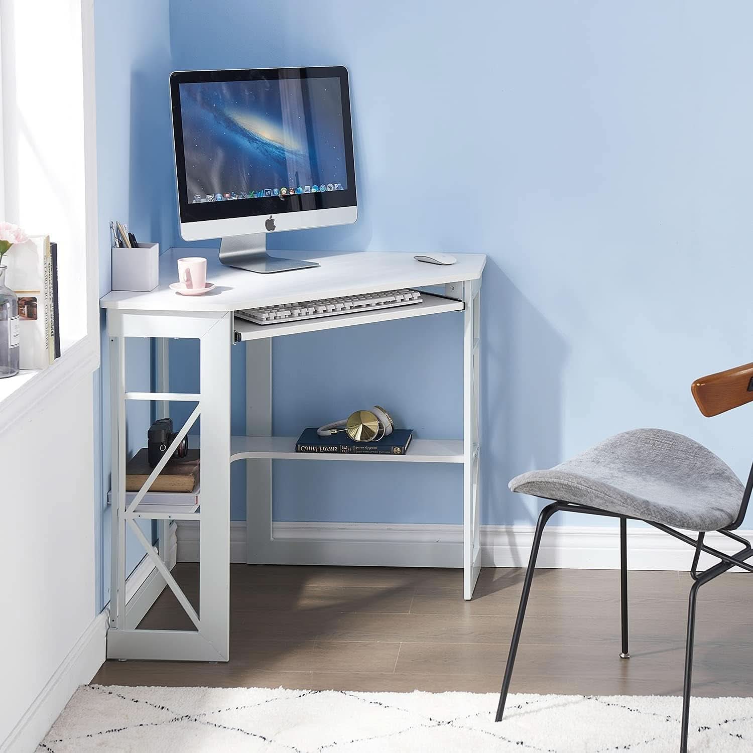 Corner Computer Desk with Keyboard Tray and Storage Shelves