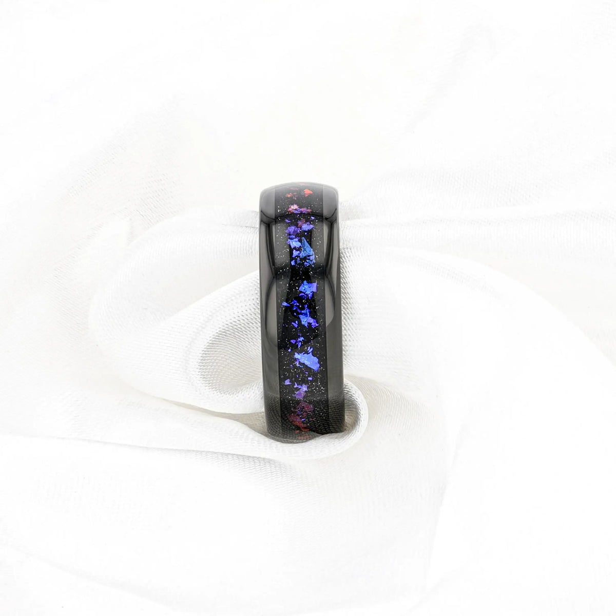 COSMIC Black Tungsten Ring with Crushed Alexandrite and Dark Blue & Purple Crushed Goldstone – 4mm to 8mm