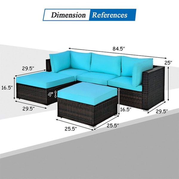 Outdoor 5-Piece Patio Rattan Turquoise Furniture Sectional Conversation Sofa Set (SAK56878)