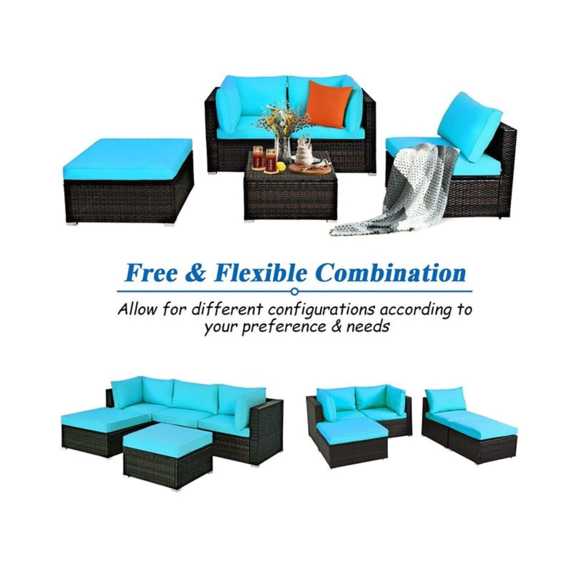 Outdoor 5-Piece Patio Rattan Turquoise Furniture Sectional Conversation Sofa Set (SAK56878)