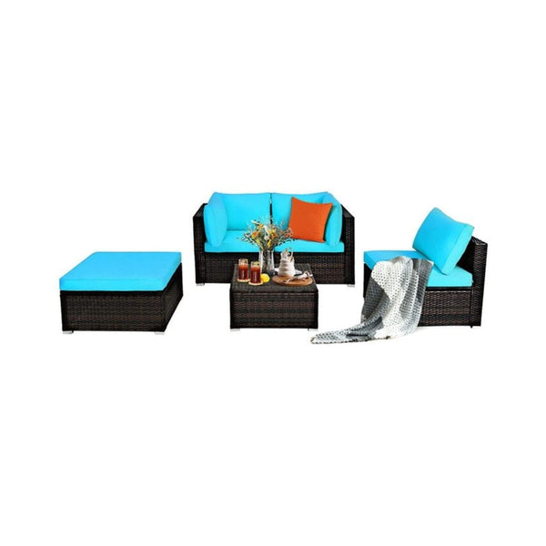 Outdoor 5-Piece Patio Rattan Turquoise Furniture Sectional Conversation Sofa Set (SAK56878)