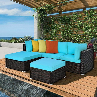 Outdoor 5-Piece Patio Rattan Turquoise Furniture Sectional Conversation Sofa Set (SAK56878)