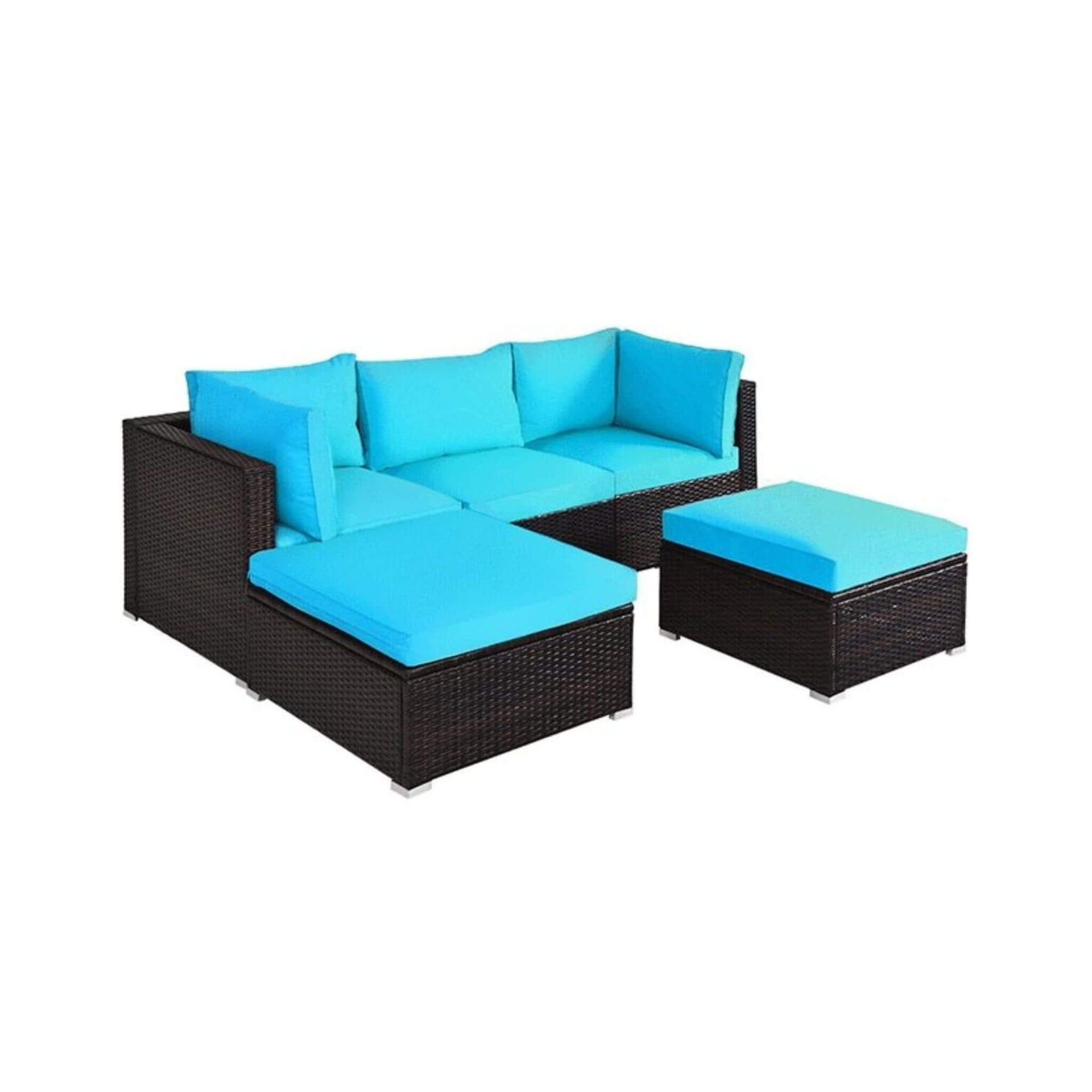 Outdoor 5-Piece Patio Rattan Turquoise Furniture Sectional Conversation Sofa Set (SAK56878)
