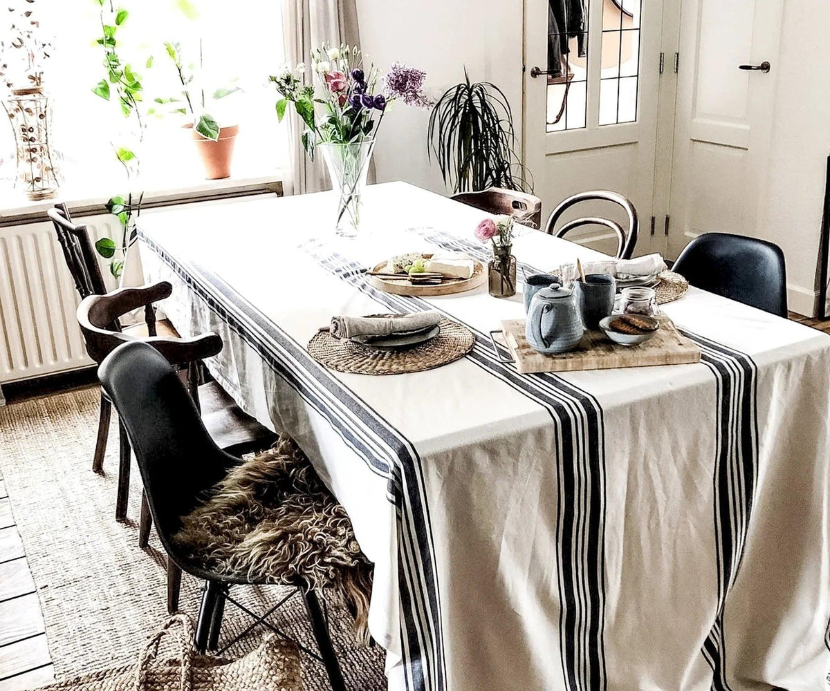 Navy Blue Striped Tablecloth