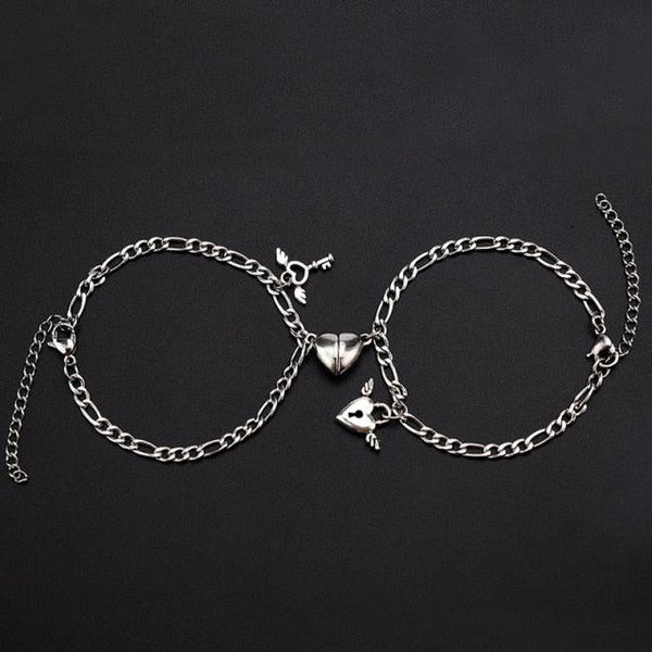 Couples Heart Shaped Magnet Attraction Bracelet Stainless Steel Angel Wing Lock Chain Heart Shape Magnet Charm Matching Magnetic Link Chain Bracelet For Women Men Gift For Valentines Day