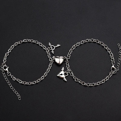 Couples Heart Shaped Magnet Attraction Bracelet Stainless Steel Angel Wing Lock Chain Heart Shape Magnet Charm Matching Magnetic Link Chain Bracelet For Women Men Gift For Valentines Day