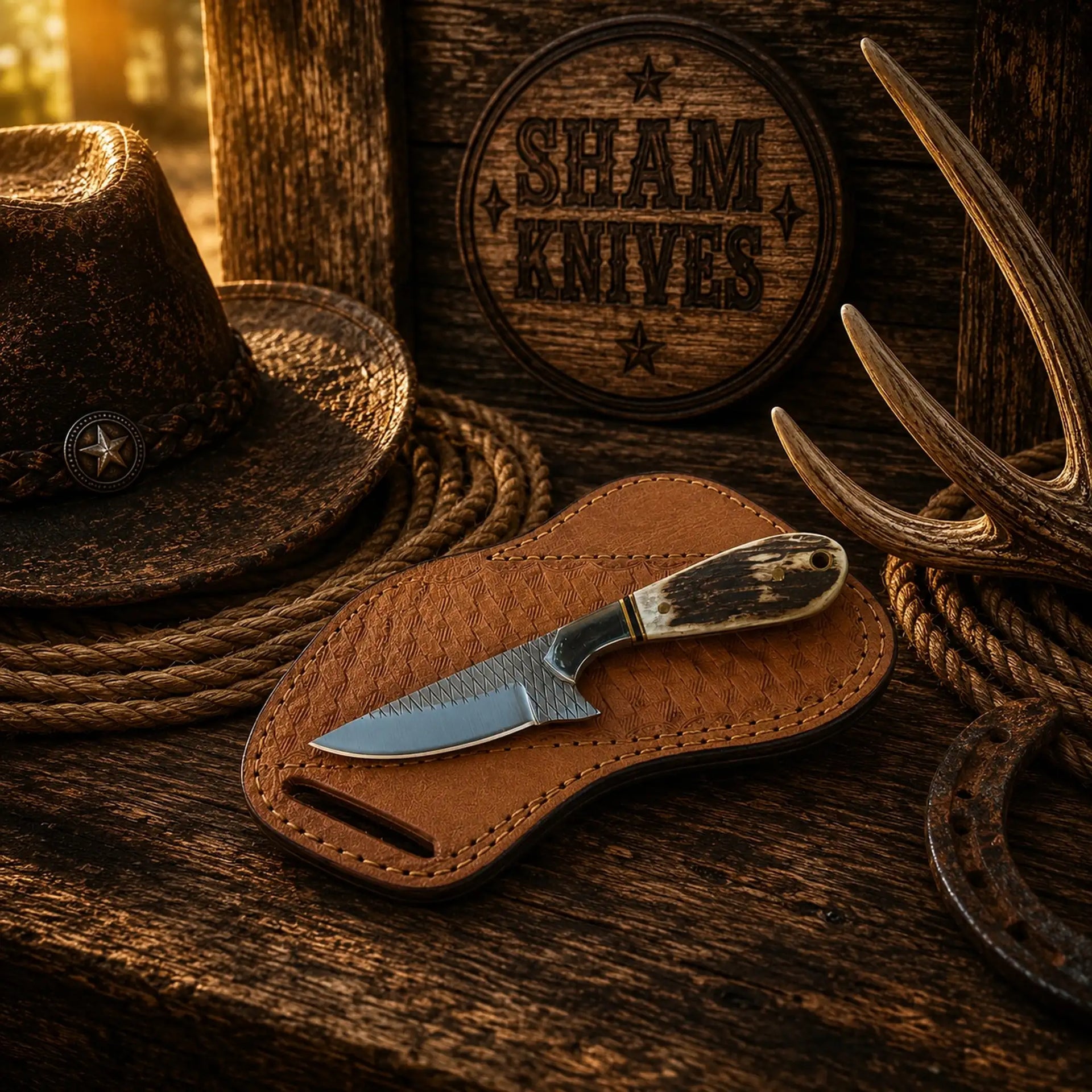 Cowboy Rasp Steel Knife – 3.25″ Stag Handle & Pancake Sheath