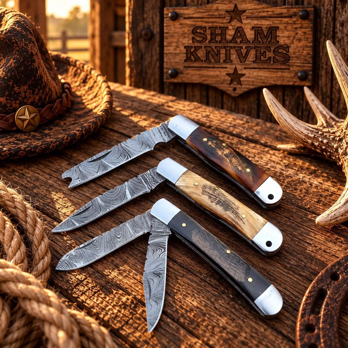 Cowboy Utility Damascus Trapper Folding Knife Set – Sheep Horn Handles
