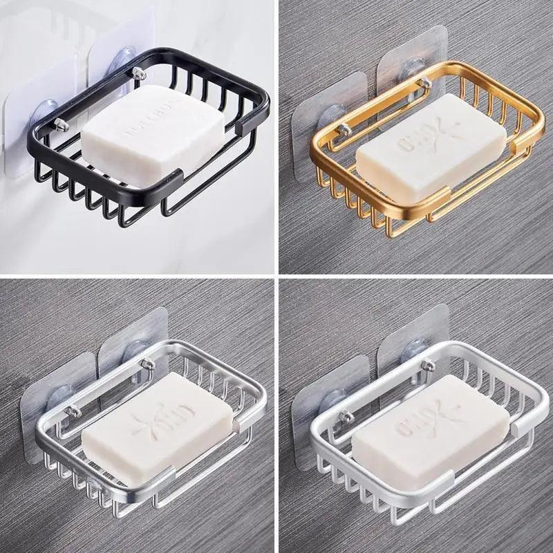 Creative Drill Free Soap Dish Holder Wall Mounted Storage Rack Toilet Soap Box Sponge Dish Bathroom Accessories Soap Dish Holder with Loofah Bath Sponge Towel Razor Holder for Bathroom Shower Kitchen Adhesive Wall Mounted No Drilling