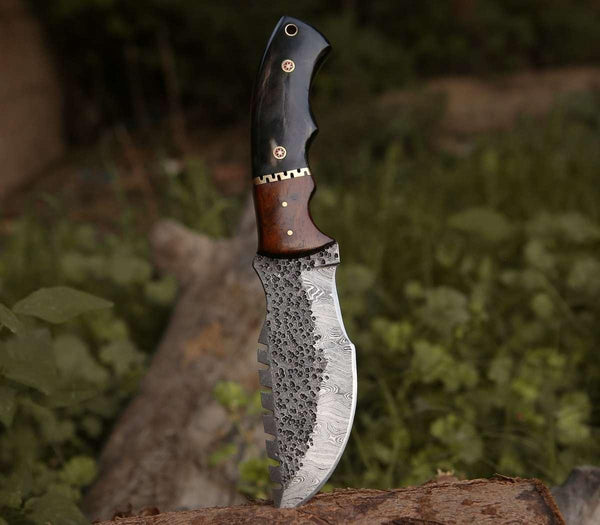 Crest Damascus Tracker Knife with Exotic Rose Wood and Horn Handle - Gifts for You 'n Me