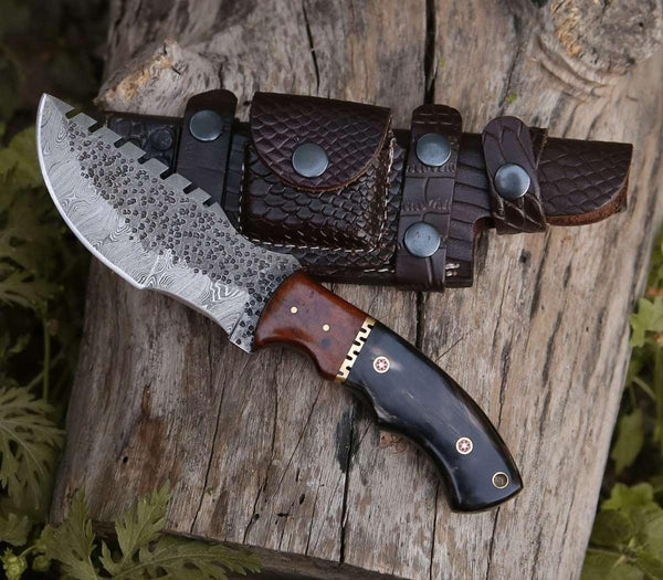 Crest Damascus Tracker Knife with Exotic Rose Wood and Horn Handle - Gifts for You 'n Me