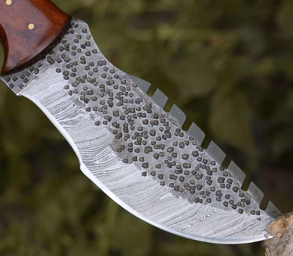 Crest Damascus Tracker Knife with Exotic Rose Wood and Horn Handle - Gifts for You 'n Me