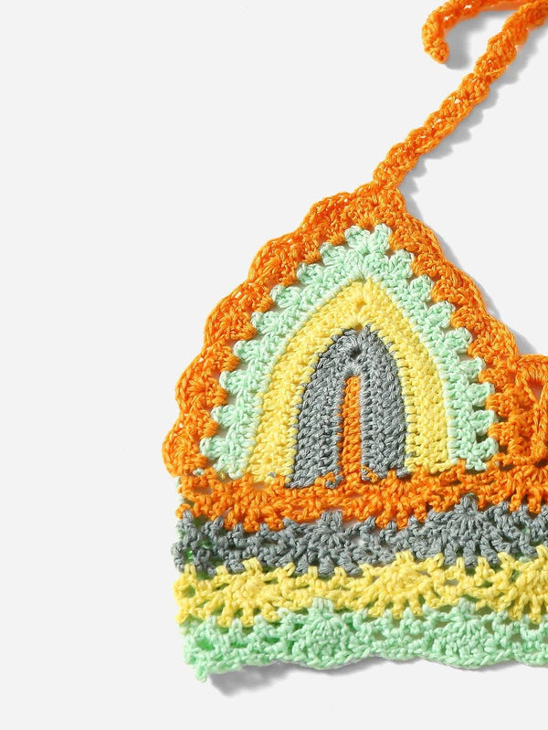 Crochet Bikini Sets Multi Color Knitted Rainbow Striped Off Shoulder Top Bottom Bikini Women's Crochet Striped Lace Up  Shorts Bikini Set 2 PCS Knit Bathing Suit Swimsuit Beachwear Bathing Suit Women Swimsuit