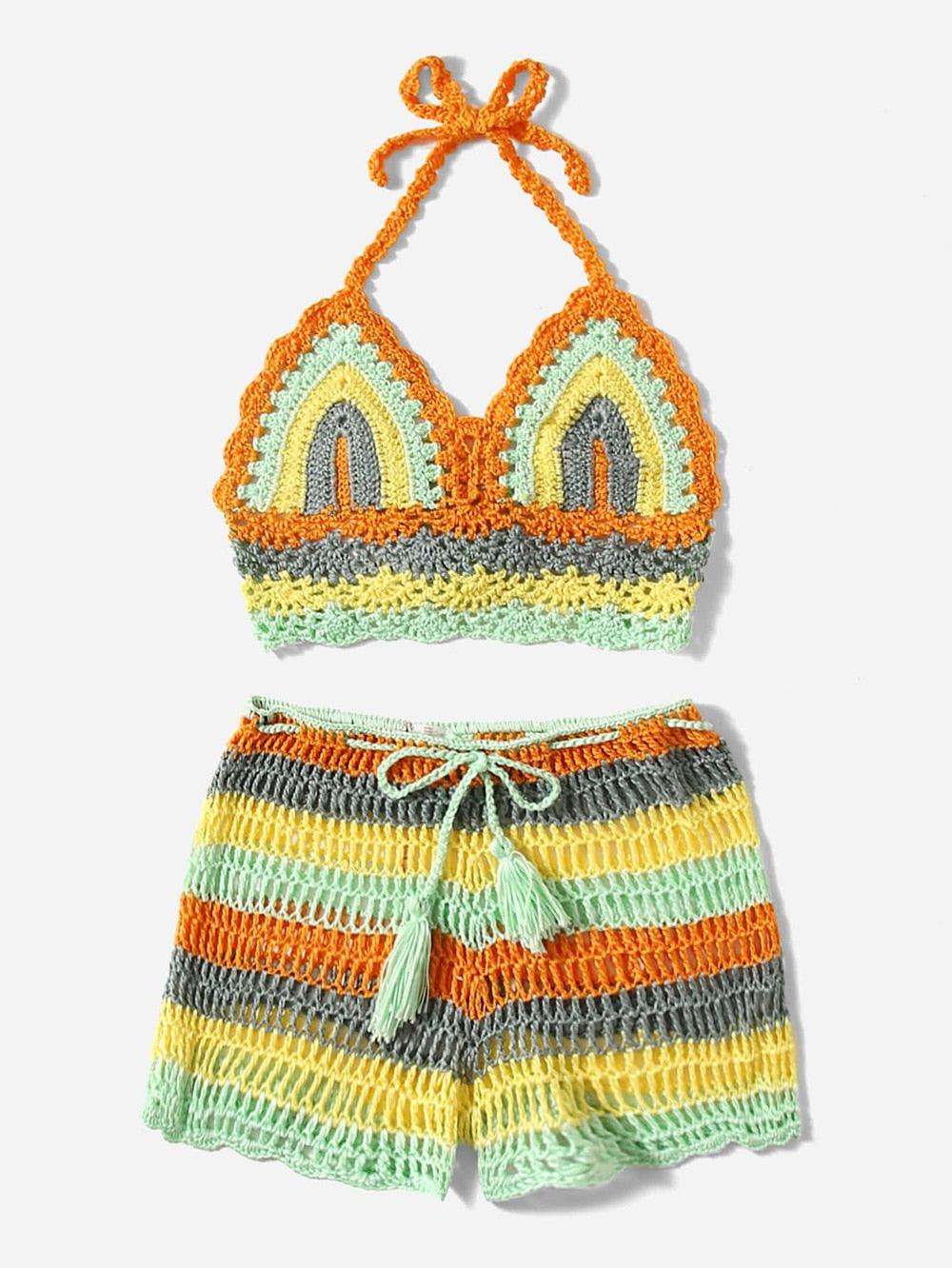 Crochet Bikini Sets Multi Color Knitted Rainbow Striped Off Shoulder Top Bottom Bikini Women's Crochet Striped Lace Up  Shorts Bikini Set 2 PCS Knit Bathing Suit Swimsuit Beachwear Bathing Suit Women Swimsuit