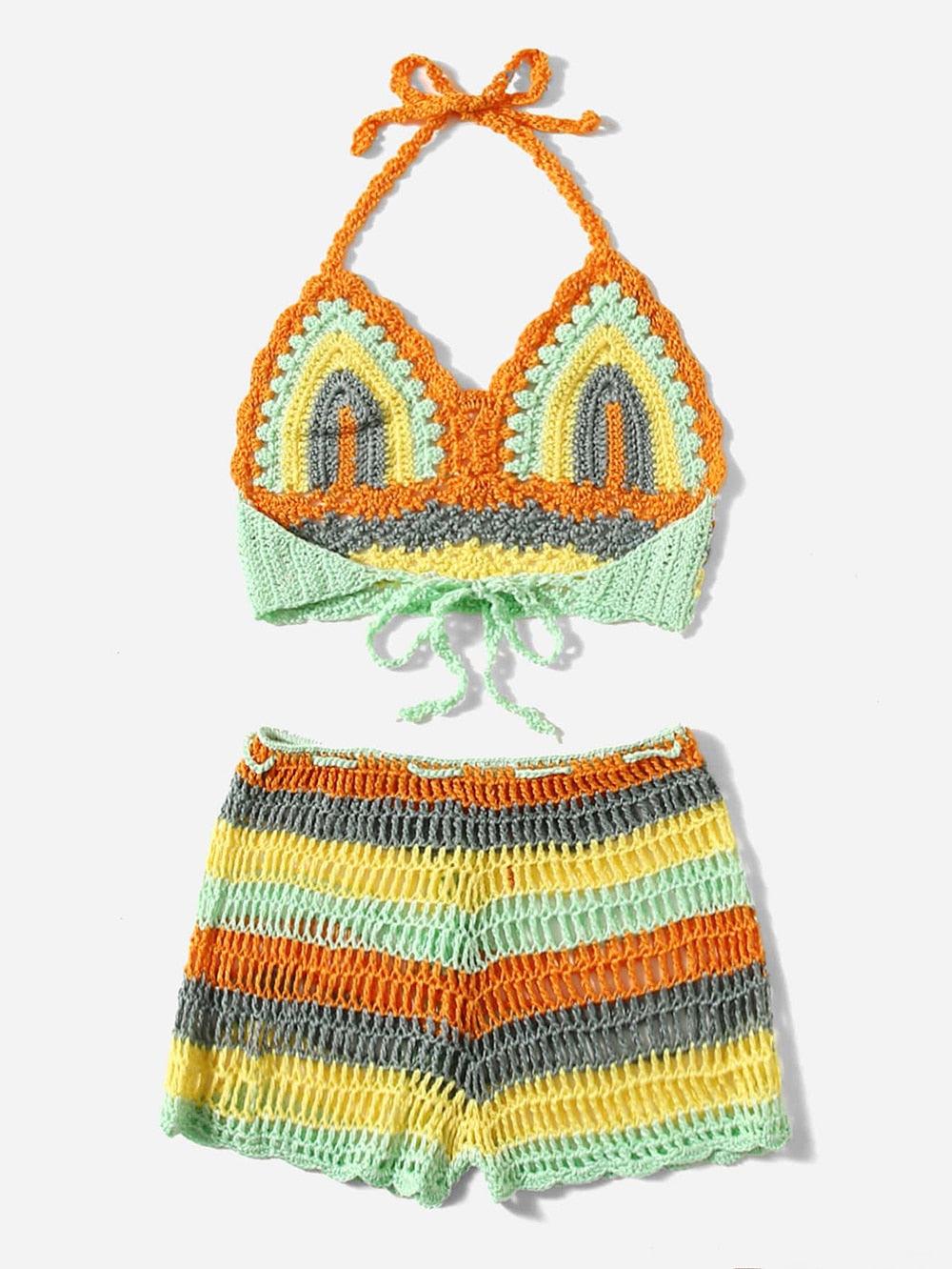 Crochet Bikini Sets Multi Color Knitted Rainbow Striped Off Shoulder Top Bottom Bikini Women's Crochet Striped Lace Up  Shorts Bikini Set 2 PCS Knit Bathing Suit Swimsuit Beachwear Bathing Suit Women Swimsuit