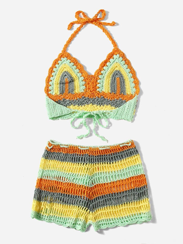 Crochet Bikini Sets Multi Color Knitted Rainbow Striped Off Shoulder Top Bottom Bikini Women's Crochet Striped Lace Up  Shorts Bikini Set 2 PCS Knit Bathing Suit Swimsuit Beachwear Bathing Suit Women Swimsuit