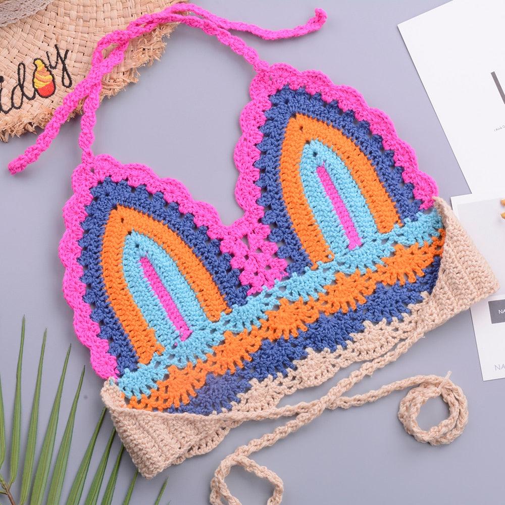 Crochet Bikini Sets Multi Color Knitted Rainbow Striped Off Shoulder Top Bottom Bikini Women's Crochet Striped Lace Up  Shorts Bikini Set 2 PCS Knit Bathing Suit Swimsuit Beachwear Bathing Suit Women Swimsuit