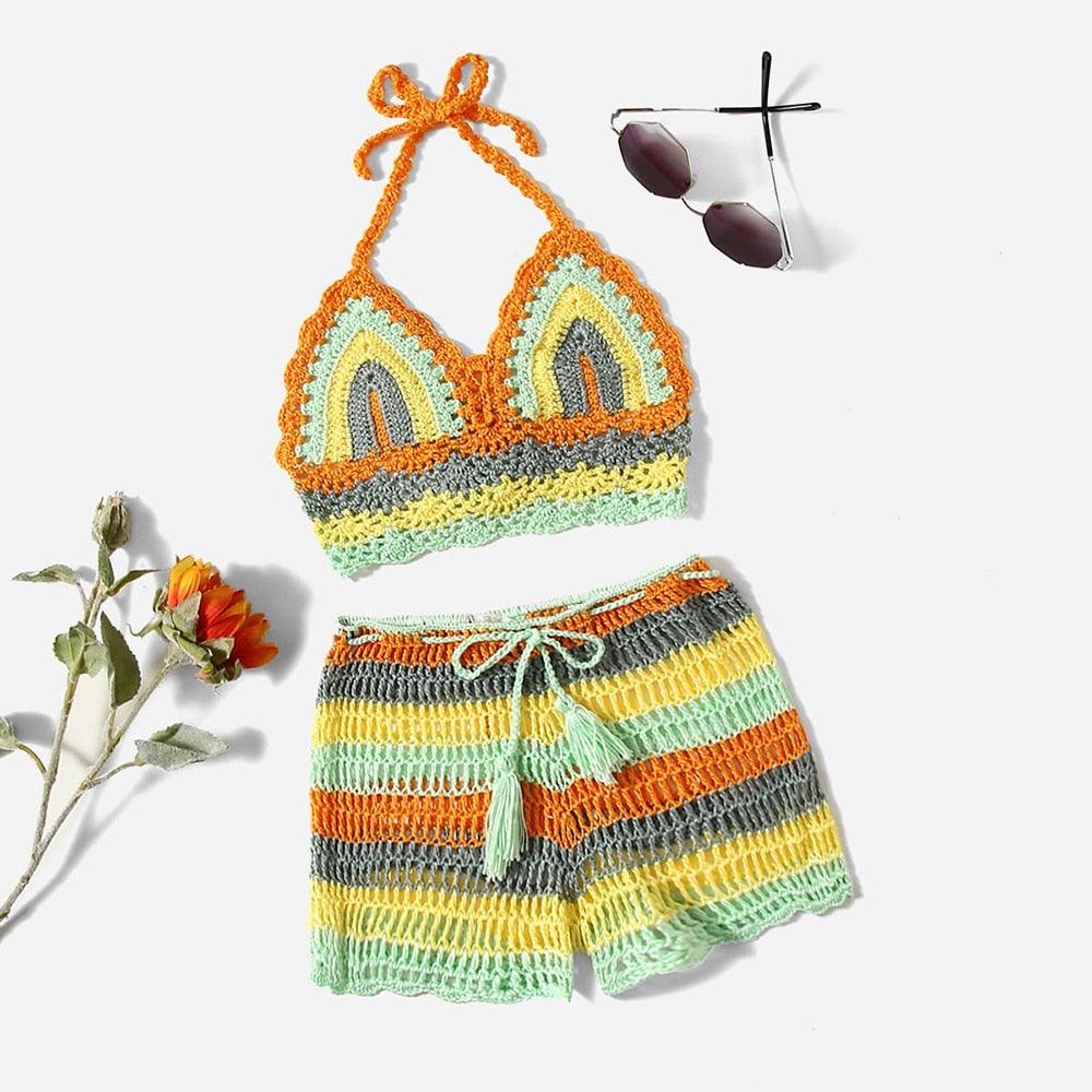 Crochet Bikini Sets Multi Color Knitted Rainbow Striped Off Shoulder Top Bottom Bikini Women's Crochet Striped Lace Up  Shorts Bikini Set 2 PCS Knit Bathing Suit Swimsuit Beachwear Bathing Suit Women Swimsuit