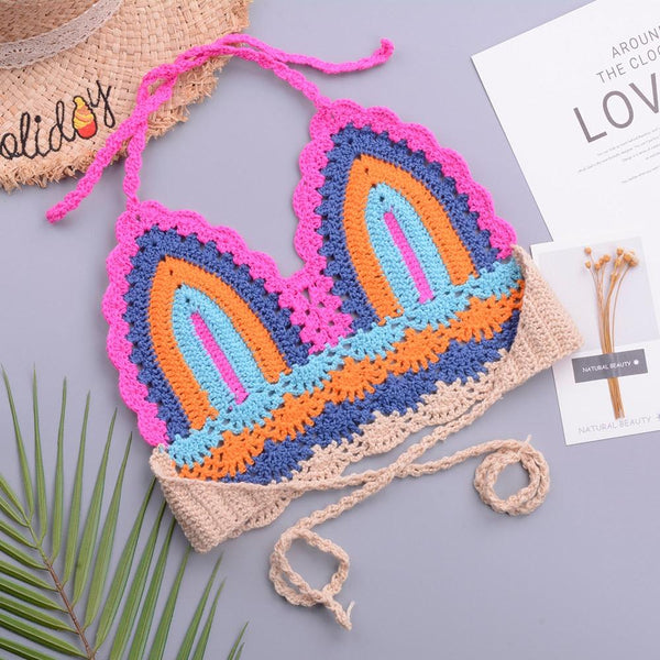 Crochet Bikini Sets Multi Color Knitted Rainbow Striped Off Shoulder Top Bottom Bikini Women's Crochet Striped Lace Up  Shorts Bikini Set 2 PCS Knit Bathing Suit Swimsuit Beachwear Bathing Suit Women Swimsuit