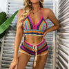 Crochet Bikini Sets Multi Color Knitted Rainbow Striped Off Shoulder Top Bottom Bikini Women's Crochet Striped Lace Up  Shorts Bikini Set 2 PCS Knit Bathing Suit Swimsuit Beachwear Bathing Suit Women Swimsuit
