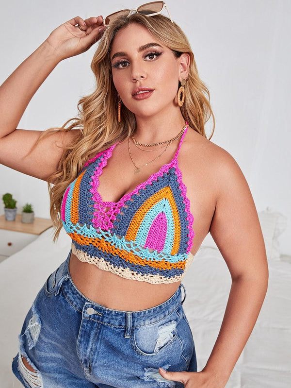 Crochet Bikini Sets Multi Color Knitted Rainbow Striped Off Shoulder Top Bottom Bikini Women's Crochet Striped Lace Up  Shorts Bikini Set 2 PCS Knit Bathing Suit Swimsuit Beachwear Bathing Suit Women Swimsuit