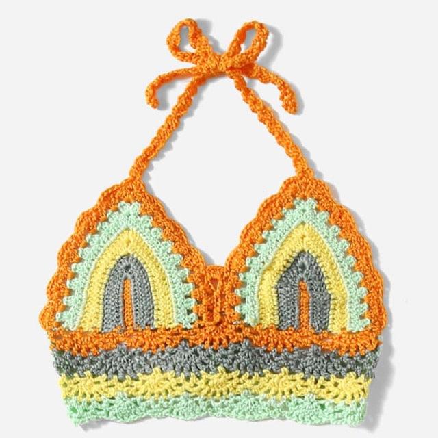 Crochet Bikini Sets Multi Color Knitted Rainbow Striped Off Shoulder Top Bottom Bikini Women's Crochet Striped Lace Up  Shorts Bikini Set 2 PCS Knit Bathing Suit Swimsuit Beachwear Bathing Suit Women Swimsuit