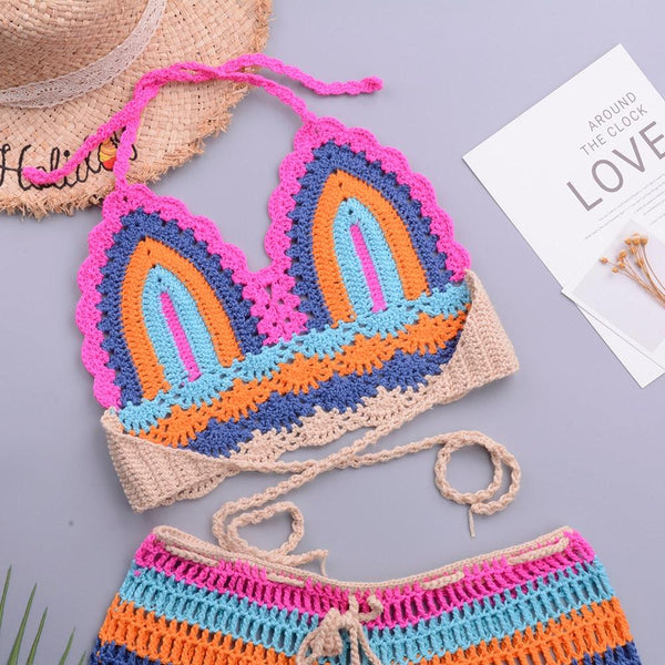 Crochet Bikini Sets Multi Color Knitted Rainbow Striped Off Shoulder Top Bottom Bikini Women's Crochet Striped Lace Up  Shorts Bikini Set 2 PCS Knit Bathing Suit Swimsuit Beachwear Bathing Suit Women Swimsuit