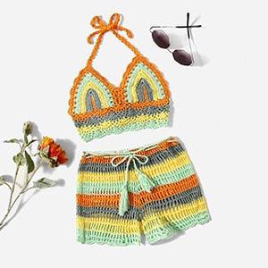 Crochet Bikini Sets Multi Color Knitted Rainbow Striped Off Shoulder Top Bottom Bikini Women's Crochet Striped Lace Up  Shorts Bikini Set 2 PCS Knit Bathing Suit Swimsuit Beachwear Bathing Suit Women Swimsuit
