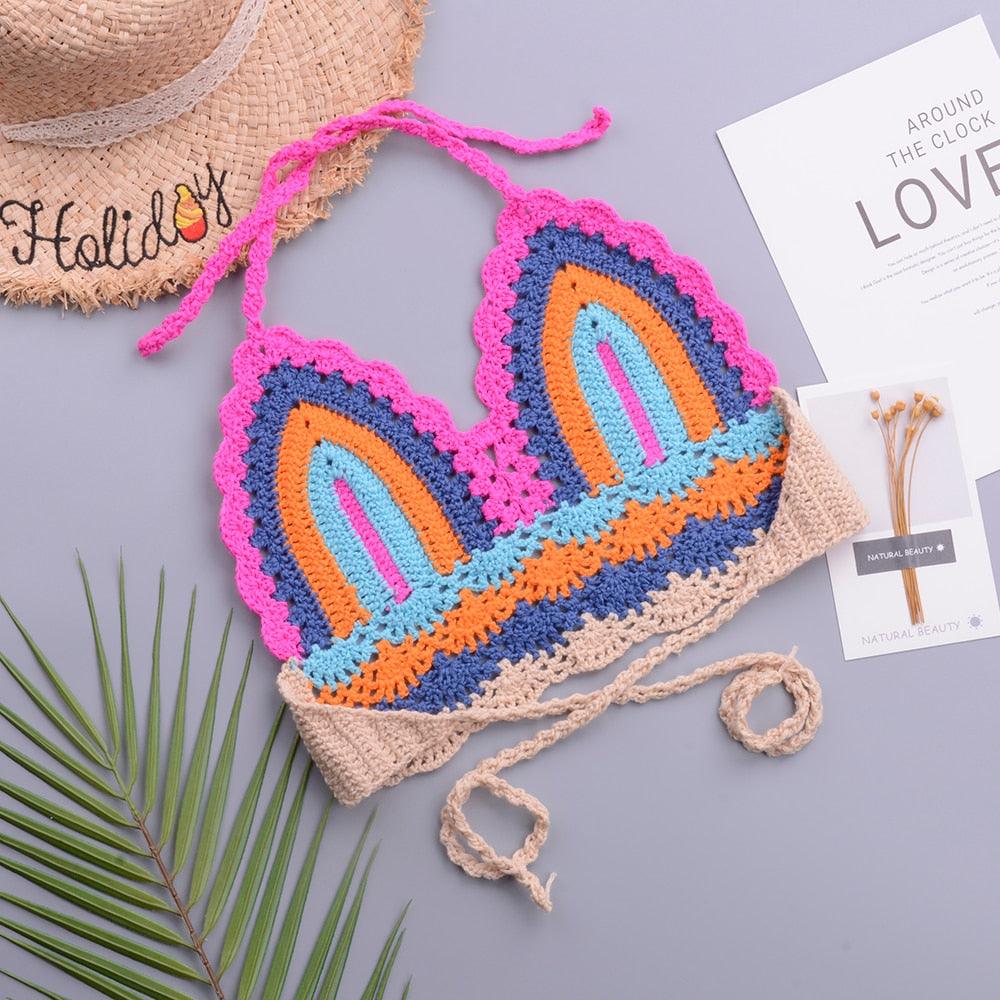 Crochet Bikini Sets Multi Color Knitted Rainbow Striped Off Shoulder Top Bottom Bikini Women's Crochet Striped Lace Up  Shorts Bikini Set 2 PCS Knit Bathing Suit Swimsuit Beachwear Bathing Suit Women Swimsuit