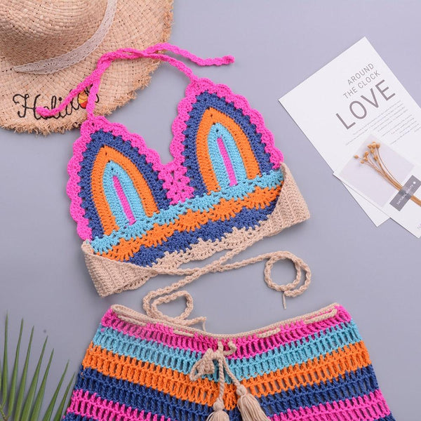 Crochet Bikini Sets Multi Color Knitted Rainbow Striped Off Shoulder Top Bottom Bikini Women's Crochet Striped Lace Up  Shorts Bikini Set 2 PCS Knit Bathing Suit Swimsuit Beachwear Bathing Suit Women Swimsuit