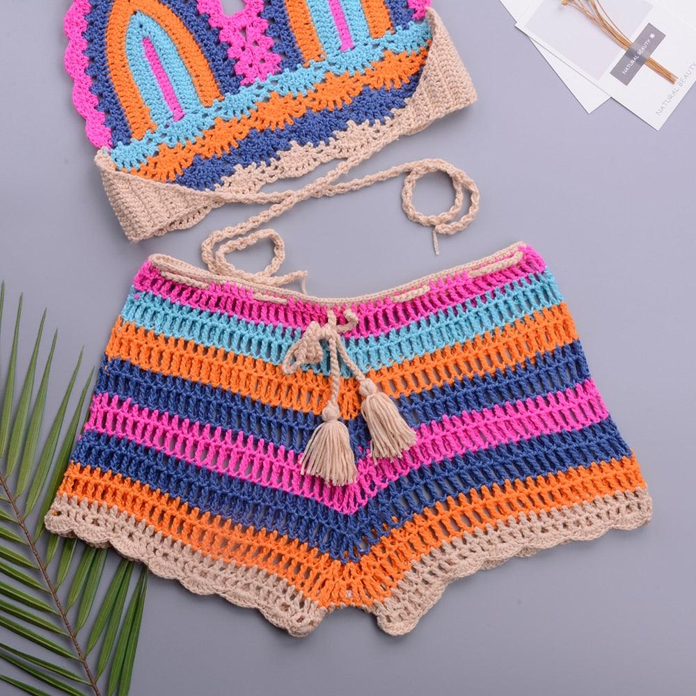 Crochet Bikini Sets Multi Color Knitted Rainbow Striped Off Shoulder Top Bottom Bikini Women's Crochet Striped Lace Up  Shorts Bikini Set 2 PCS Knit Bathing Suit Swimsuit Beachwear Bathing Suit Women Swimsuit