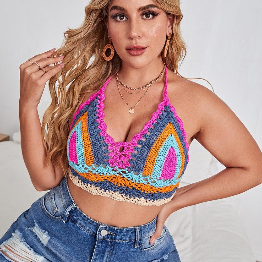 Crochet Bikini Sets Multi Color Knitted Rainbow Striped Off Shoulder Top Bottom Bikini Women's Crochet Striped Lace Up  Shorts Bikini Set 2 PCS Knit Bathing Suit Swimsuit Beachwear Bathing Suit Women Swimsuit