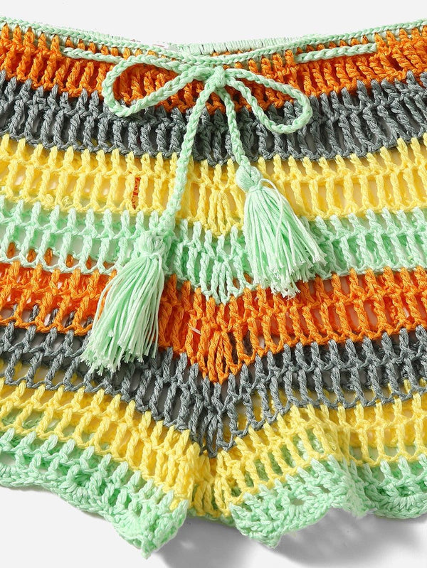 Crochet Bikini Sets Multi Color Knitted Rainbow Striped Off Shoulder Top Bottom Bikini Women's Crochet Striped Lace Up  Shorts Bikini Set 2 PCS Knit Bathing Suit Swimsuit Beachwear Bathing Suit Women Swimsuit