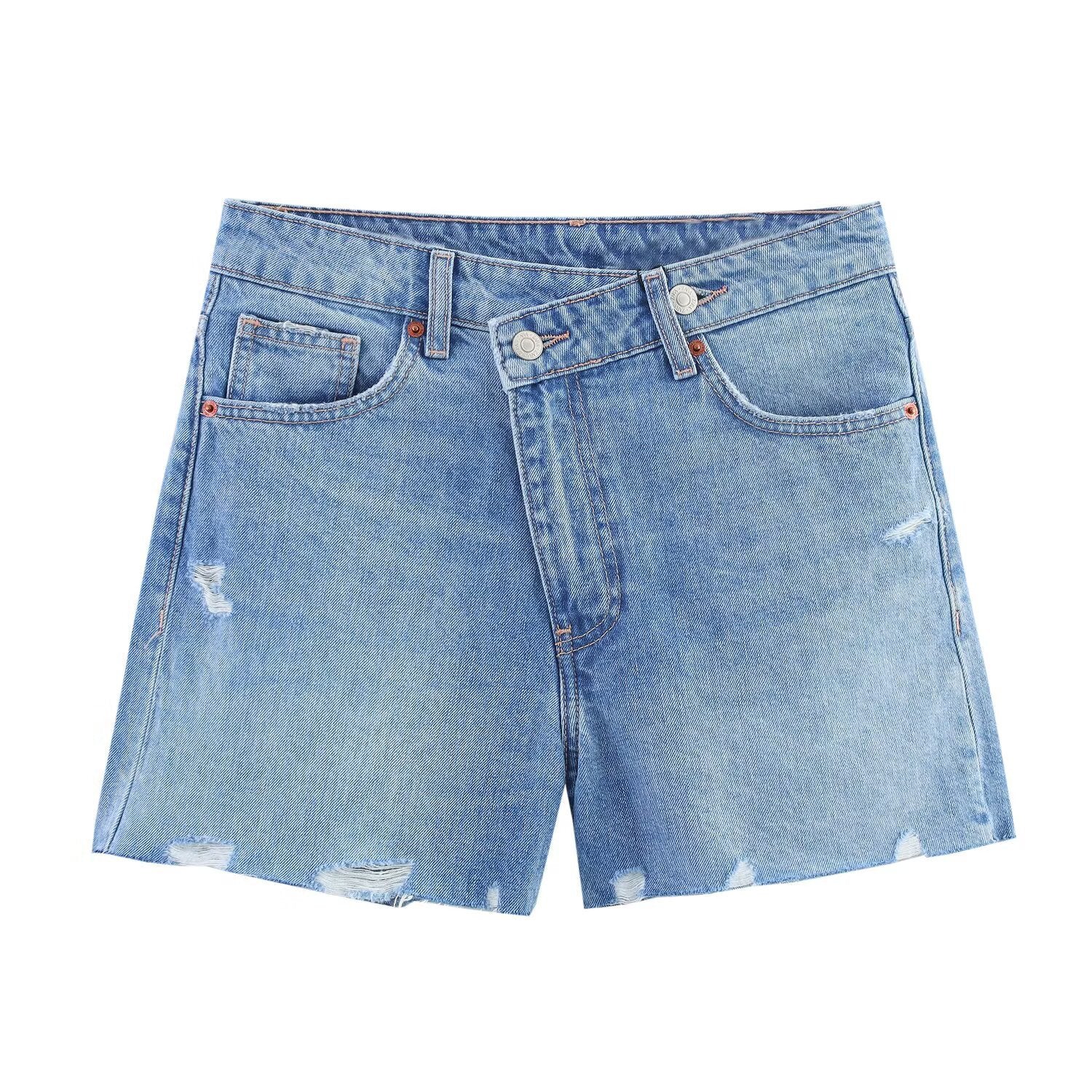 Cross waisted A-line denim straight shorts for women