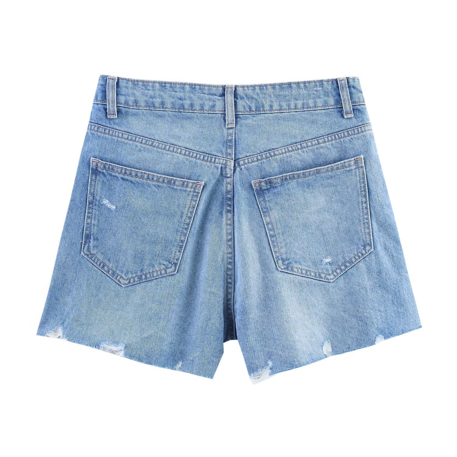 Cross waisted A-line denim straight shorts for women