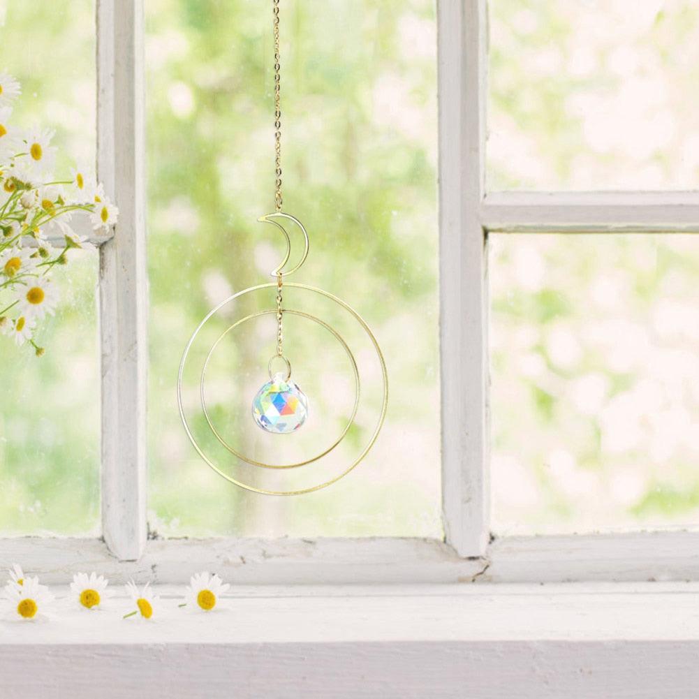Crystal Ball Star Moon Sun Ring Rainbow Catcher Crystal Pendant Hanging Crystal Sun catcher Ornament Prism Stone Beads Ornament Home Window Wind-chimes Car Decoration