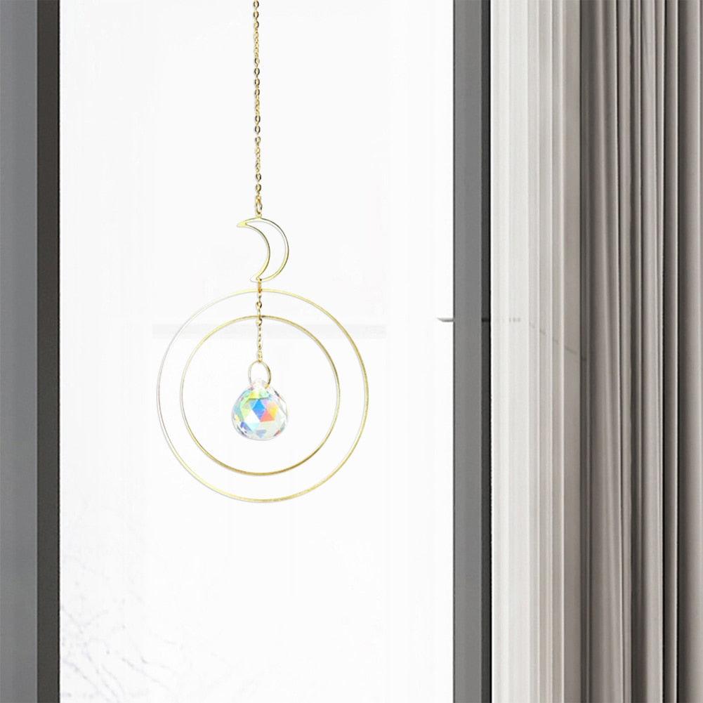 Crystal Ball Star Moon Sun Ring Rainbow Catcher Crystal Pendant Hanging Crystal Sun catcher Ornament Prism Stone Beads Ornament Home Window Wind-chimes Car Decoration