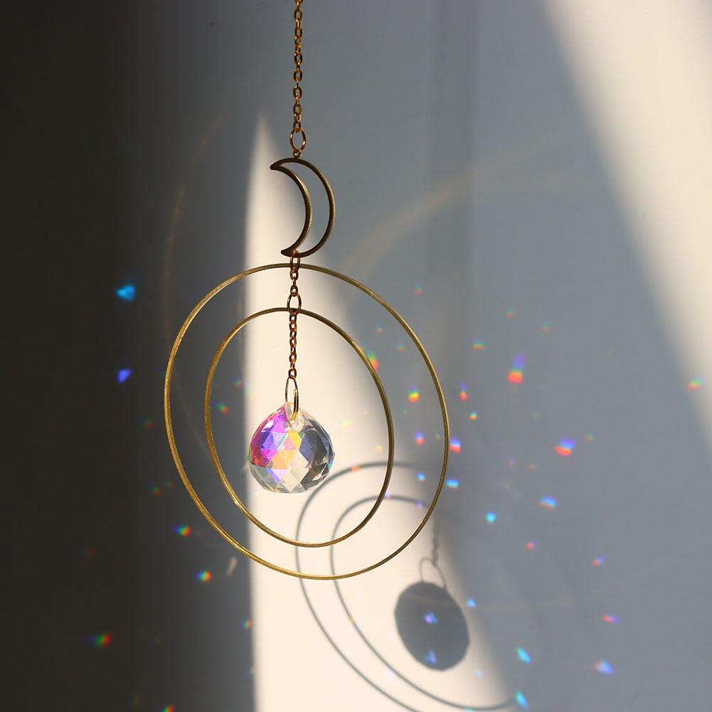 Crystal Ball Star Moon Sun Ring Rainbow Catcher Crystal Pendant Hanging Crystal Sun catcher Ornament Prism Stone Beads Ornament Home Window Wind-chimes Car Decoration