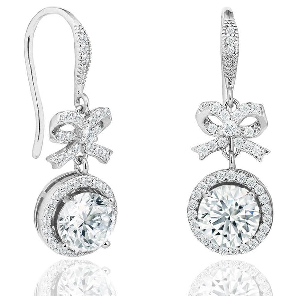Crystal Bow and Halo Drop Earrings in 18K White Gold